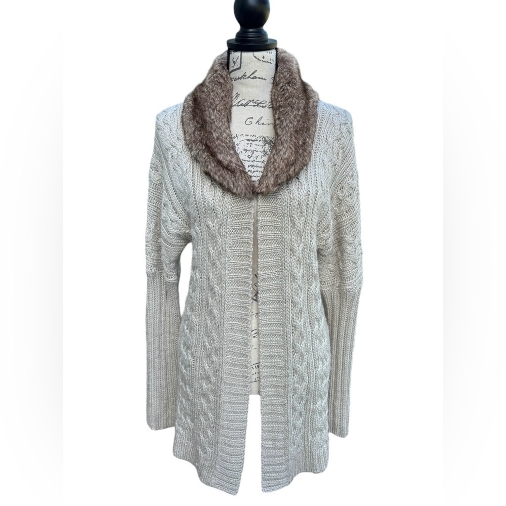 Cynthia Rowley Sweater Coat Faux Fur Collar Cream Womens Size Large